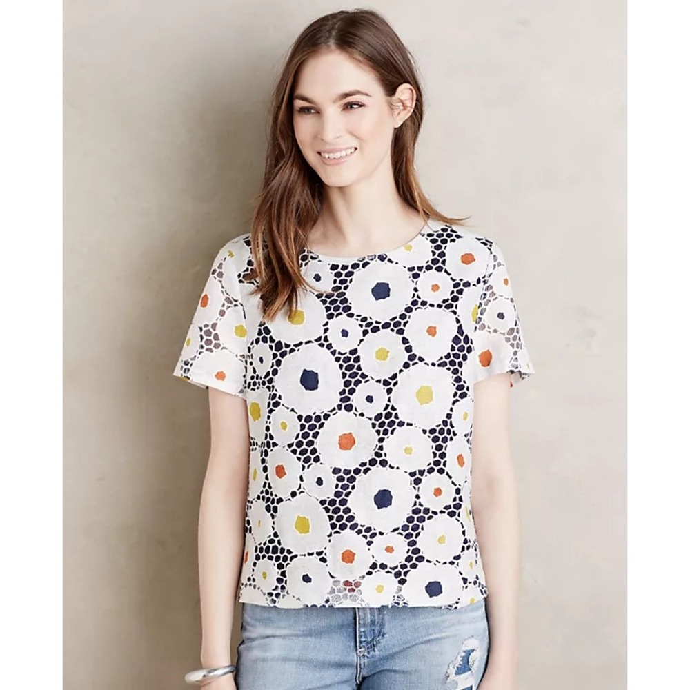 Anthropologie Harlyn Daisy Dot Lined Lace Short Sleeve Midi Top-Women's Size XS